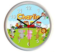 PERSONALISED TOY TRAIN AND JUNGLE ANIMALS Childrens Bedroom Wall Clock