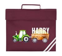 Personalised Tractor Book Bag for Kids Name Initial Watercolour Farm Farmer Return to School Nursery Boys Girls Bag, One Size, Burgundy