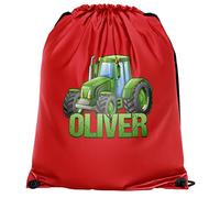 Personalised Tractor Drawstring Bag, Custom Back to School and Nursery Gifts for Boys, Farmer Gifts for Young Farmers, Kids PE Kit Swimming Bag, One Size, Red