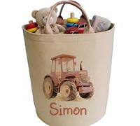 Personalised Tractor Toy Storage Basket - Custom Name Felt Nursery crafted Organiser - Large Toddler Room Toy Bin for Cars, Farm design- Beige tube
