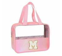 Personalised Transparent Cosmetic Bag, Pink Toiletry Bag, Travel Waterproof Toiletry Bag, Birthday Gifts for Girls, Women, Mothers, Best Friends and Bridesmaids, Letter V, m