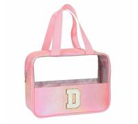 Personalised Transparent Cosmetic Bag, Pink Toiletry Bag, Travel Waterproof Toiletry Bag, Birthday Gifts for Girls, Women, Mothers, Best Friends and Bridesmaids, Letter V, d