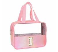 Personalised Transparent Cosmetic Bag, Pink Toiletry Bag, Travel Waterproof Toiletry Bag, Birthday Gifts for Girls, Women, Mothers, Best Friends and Bridesmaids, Letter V, I