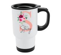 Personalised Travel Mug Initial Custom Name Insulated Coffee Cup Reusable Thermal Tumbler for Hot & Cold Drinks Unique Gift for Him Her | Office Commute Mug for Birthday Christmas - White