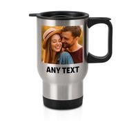 Personalised Travel Mug Silver 14oz with Handle & Lid - Custom Stainless Steel Mug with Photo, Text or Logo, Reusable Thermos for Hot Drinks - Gift for Mum, Dad, Colleague, Birthdays, Work & Adventure