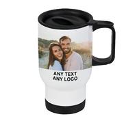 Personalised Travel Mug White 14oz with Handle & Lid - Custom Stainless Steel Mug with Photo, Text or Logo, Reusable Thermos for Hot Drinks - Gift for Mum, Dad, Colleagues, Birthdays, Work & Adventure