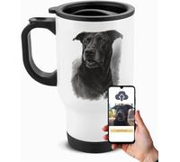 Personalised Travel Mug with Charcoal Artistic Pet Portrait of Your Dog Handmade from Photo, Unique Custom Personalised Memorial Gift