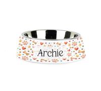 Personalised Treats & Love Dog Bowl - Feeding/Drinking Dish For Pets - 700ml Steel Bowl & White Plastic Bowl Holder Stand