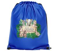 Personalised Tropical Safari Animals Drawstring Bag for Girls Custom Back to School Bag, One Size, Royal Blue