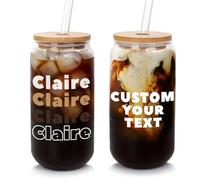 Personalised Tumbler Iced Coffee Cup with Lids and Straws Beer Can Shaped Glass Bamboo Lid 20 Oz Personalised Coffee Glass Tumbler Gifts for Birthday Women Men Christmas