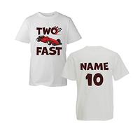 Personalised Two Fast Name T-Shirt, Add Name Number on Back Funny Birthday Party Car Retro Unisex Boys Girls Kids Top (White, 3 Years)