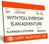Personalised UK Train Ticket Wooden Wall Art Custom Names Dates Text for Weddings Anniversaries Valentine's Day (Romantic)
