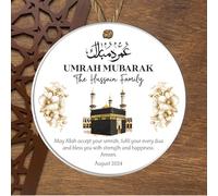 Personalised Umrah Mubarak Hanging Plaque Custom Islamic Gift with Family Name or Individual Name and Date Choice Kaaba Design Ideal for Pilgrimage Celebrations (Acrylic - White Background)