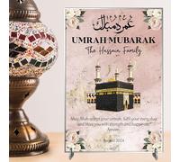 Personalised Umrah Mubarak Plaque for Families - May Allah Accept Your Umrah Design with Kaaba & Floral Decor for Religious Keepsakes (Pink, Acrylic - A4)