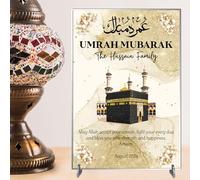 Personalised Umrah Mubarak Plaque for Families - May Allah Accept Your Umrah Design with Kaaba & Floral Decor for Religious Keepsakes (Gold, Acrylic - A5)