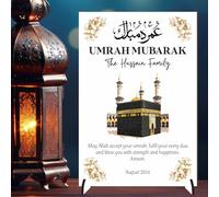 Personalised Umrah Mubarak Plaque for Families - May Allah Accept Your Umrah Design with Kaaba & Floral Decor for Religious Keepsakes (No Background, MDF Wood - A5)