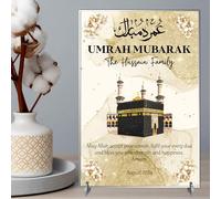 Personalised Umrah Mubarak Plaque for Families - May Allah Accept Your Umrah Design with Kaaba & Floral Decor for Religious Keepsakes (Gold, Acrylic - A4)