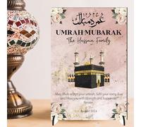 Personalised Umrah Mubarak Plaque for Families - May Allah Accept Your Umrah Design with Kaaba & Floral Decor for Religious Keepsakes (Pink, MDF Wood - A4)