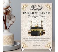 Personalised Umrah Mubarak Plaque for Families - May Allah Accept Your Umrah Design with Kaaba & Floral Decor for Religious Keepsakes (Beige, MDF Wood - A4)