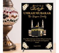 Personalised Umrah Mubarak Plaque for Families - May Allah Accept Your Umrah Design with Kaaba & Floral Decor for Religious Keepsakes (Black, Acrylic - A5)