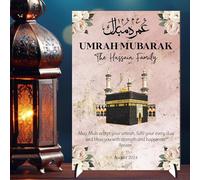 Personalised Umrah Mubarak Plaque for Families - May Allah Accept Your Umrah Design with Kaaba & Floral Decor for Religious Keepsakes (Pink, MDF Wood - A5)