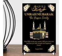 Personalised Umrah Mubarak Plaque for Families - May Allah Accept Your Umrah Design with Kaaba & Floral Decor for Religious Keepsakes (Black, MDF Wood - A5)