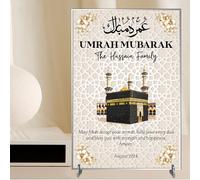 Personalised Umrah Mubarak Plaque for Families - May Allah Accept Your Umrah Design with Kaaba & Floral Decor for Religious Keepsakes (Beige, Acrylic - A5)