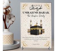 Personalised Umrah Mubarak Plaque for Families - May Allah Accept Your Umrah Design with Kaaba & Floral Decor for Religious Keepsakes (Beige, Acrylic - A4)