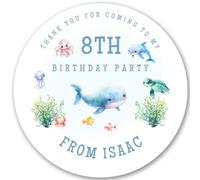 Personalised Under The Sea Birthday Party Stickers, Ocean Theme with Whale & Dolphin Stickers, Swim Party Labels for Favour Bags, Thank You Labels, Custom Name (Choose 12 or 24)