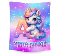 Personalised Unicorn Blanket for Kids - Girls Monogram Blankets with Name - Custom Initial Gifts for Children - Soft Flannel Throw for Sofa, Bed, Travel & Bedroom
