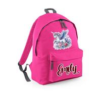 Personalised Unicorn Design Gift with Any Name for Girls - Back to School, Birthday - Cute Magical Fantasy Artwork, Fashion Backpack for Nursery, Rucksack Shoulder Bag. (Fuchsia Graphite Grey)