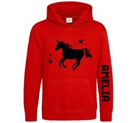 Personalised Unicorn Girls Hoodie Whimsical Mythical Animal Custom Name Sleeve Print Kids Hooded Top, 3-4 Years, Red