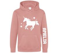 Personalised Unicorn Girls Hoodie Whimsical Mythical Animal Custom Name Sleeve Print Kids Hooded Top, 7-8 Years, Dusty Pink