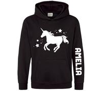 Personalised Unicorn Girls Hoodie Whimsical Mythical Animal Custom Name Sleeve Print Kids Hooded Top, 3-4 Years, Black