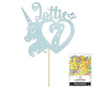 Personalised Unicorn Heart Glitter Cake Topper- Light Blue Any Custom Age & Name Glitter Cake Decoration and Sprinkles - Happy Birthday Decorations - Personalised Toppers for Cakes by Cakeshop
