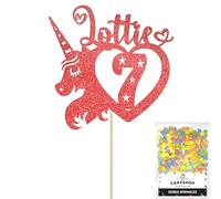 Personalised Unicorn Heart Glitter Cake Topper- Red Any Custom Age & Name Glitter Cake Decoration and Sprinkles - Happy Birthday Decorations - Personalised Toppers for Cakes by Cakeshop