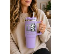 Personalised Unicorn Initial Travel Mug 40oz - Custom Name Insulated Stainless Steel Tumbler with Straw & Lid, Large 1135ml Coffee Cup, Cute Unicorn Gift for Girls, Women, Birthday Gift (Lilac)
