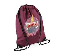 Personalised Unicorn Magicaly Stars Crown Castle Floral Girl ANY NAME Kids Birthda Back To School Drawstring Bag, PE Gym Kit, Swimming Rucksack. (Burgundy Front)