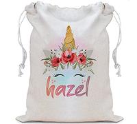 Personalised Unicorn Magicaly Stars Crown Castle Floral Girl ANY NAME Toy Storage Sack Kids Sack Kids Stuff Sack linen santa sack with drawstrings present-Toy bag. (Sack - Natural Strings)