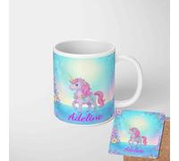 Personalised Unicorn Mug and Coaster Set, Custom Name Unicorn Cup, Magical Girls Gift, Rainbow Drinkware, Pink Flower Coffee Mug, Cute Present