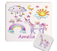 Personalised Unicorn Placemat & Coaster Set - Hard MDF Gloss Finish - Custom Name Table Mat - Daily Use Kids Mat - Birthday Gift for Baby & Toddler