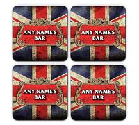 Personalised Union Jack Coaster Set Of 4 Matching Custom Name Drinks Distressed Beer Mat Coasters Pub Home Bar Accessories Novelty Gift For Him Dad Father's Day Man Cave