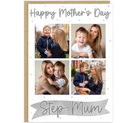 Personalised Upload Own Photos Mother's Day Cards - 8 Colour Options With Custom Name Added - 4 Photo Happy Mother's Day A5 Card From kids (Silver)