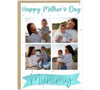 Personalised Upload Own Photos Mother's Day Cards - 8 Colour Options With Custom Name Added - 4 Photo Happy Mother's Day A5 Card From kids (Aqua)