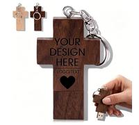 Personalised USB Flash Drive Wooden Cross,Custom Laser Engraved Text & Logo, USB 2.0 Memory Stick, 4GB to 64GB, for Wedding Graduation Birthday, Business Event Use
