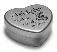 Personalised Valentine’s Day gift for him or her. Silver Heart shaped tin filled with red heart shaped chocolates, or a red tealight style candle. Present for someone special. (My love...)
