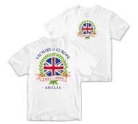 Personalised VE Day Kids T Shirt 80th Anniversary Victory in Europe Design Front and Back Union Jack Print, 9-11 Years, White