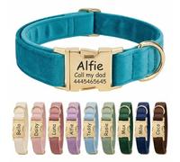 Personalised Velvet Dog Collar UK - Engraved Gold Buckle, Luxury Padded Soft Collar for Small Medium Large Dogs | Custom Name ID Tag, 18 Colours Available | Lake Blue