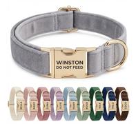 Personalised Velvet Dog Collar UK - Engraved Gold Buckle, Luxury Padded Soft Collar for Small Medium Large Dogs | Custom Name ID Tag, 18 Colours Available | Dark Brown (Light Grey)