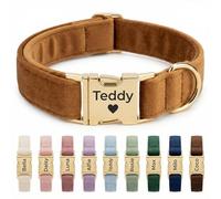 Personalised Velvet Dog Collar UK - Engraved Gold Buckle, Luxury Padded Soft Collar for Small Medium Large Dogs | Custom Name ID Tag, 18 Colours Available | Coffee